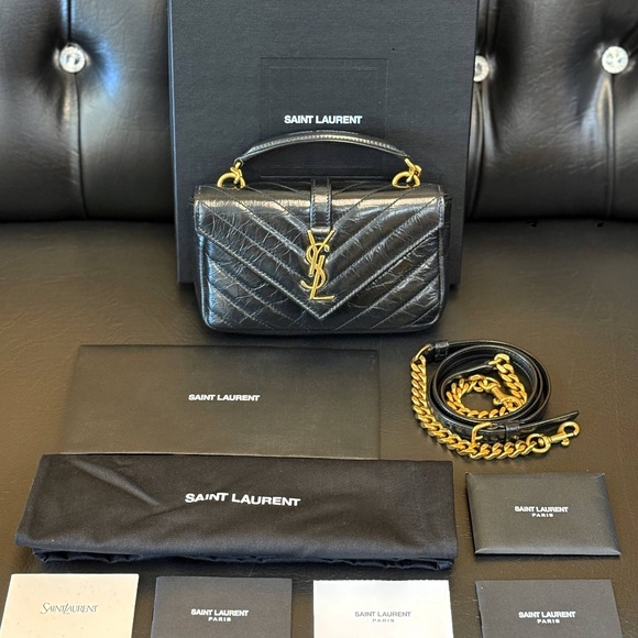 YSL SAINT LAURENT COLLEGE MINI CHAIN BAG IN SHINY CRACKLED LEATHER BLACK - Picture 2 of 16